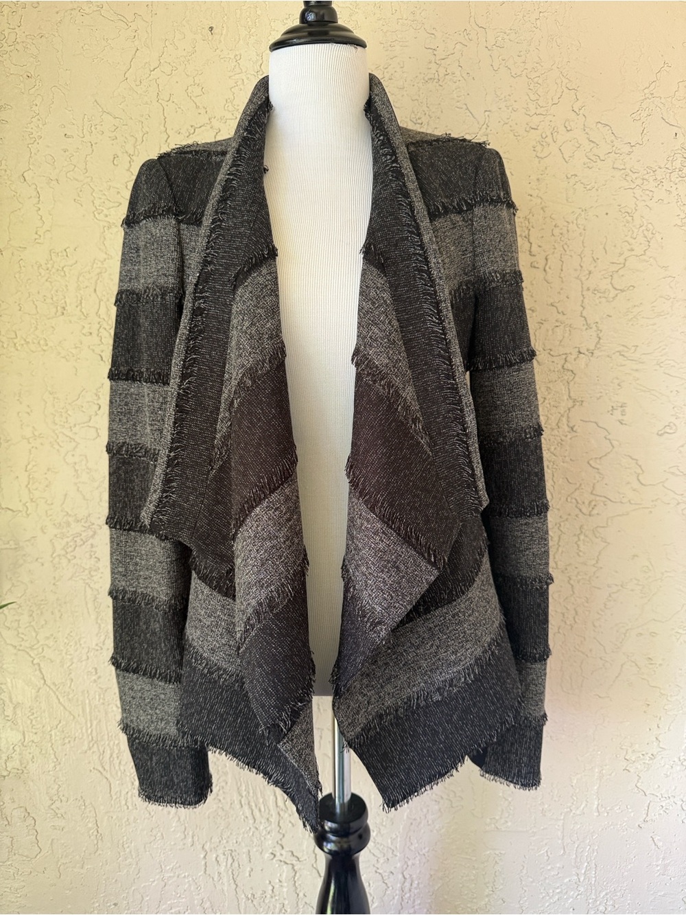 BCBGMaxAzria Gray and Black Striped Open-Front jacket. - Picture 2 of 10